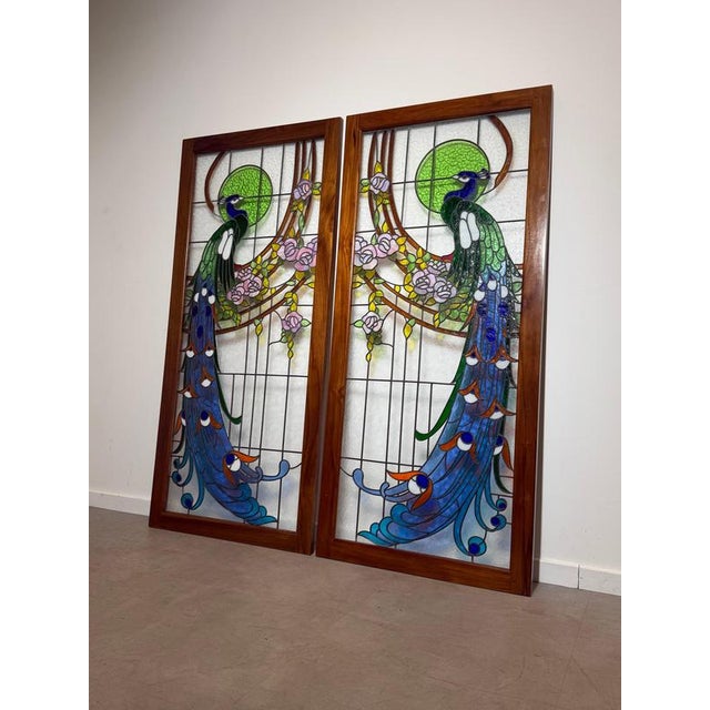 Vintage Stained Glass Peacock Window Panel For Sale - Image 6 of 6
