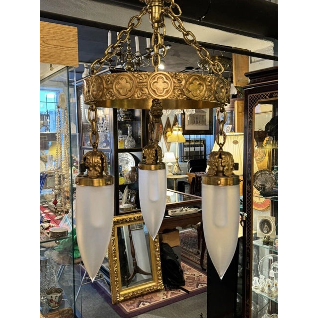 Antique Brass Three Light Tudor Revival Quatrefoil Pattern Chandelier For Sale - Image 10 of 12