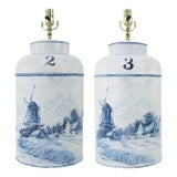 A Pair of Vintage Dutch Delft Hand-Painted Tea Can Table Lamps With Rhine River Scenery For Sale