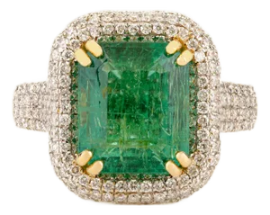 Estate 18k Gold Hidden Halo Diamond Emerald Art Deco Ring 7
