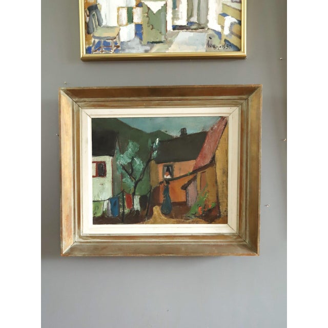 Mid-Century Modern Mid-Century Modern 'Village Courtyard' Vintage Original Landscape Oil Painting, Framed For Sale - Image 3 of 14
