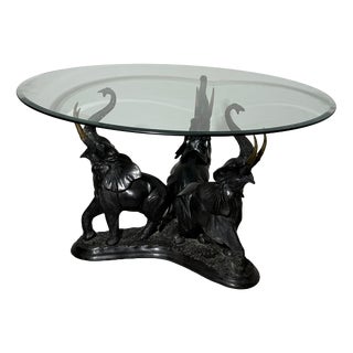 Vintage Bronze Elephant Trio Coffee Table with Round Beveled Glass Top For Sale
