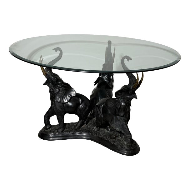Vintage Bronze Elephant Trio Coffee Table with Round Beveled Glass Top For Sale