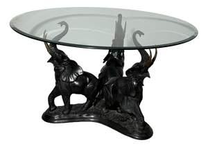 Vintage Bronze Elephant Trio Coffee Table with Round Beveled Glass Top