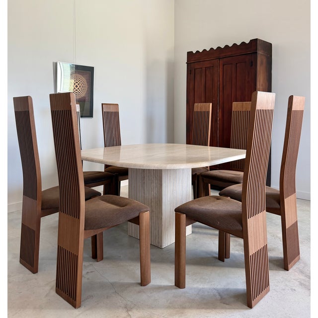 1980s Minimalist Postmodern "Teardrop" Travertine Marble Dining Table Fluted Carved Base (Italy) For Sale - Image 5 of 16
