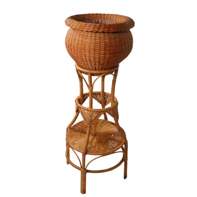 1970s Vintage Wicker Jardiniere and Pedestal For Sale - Image 5 of 15