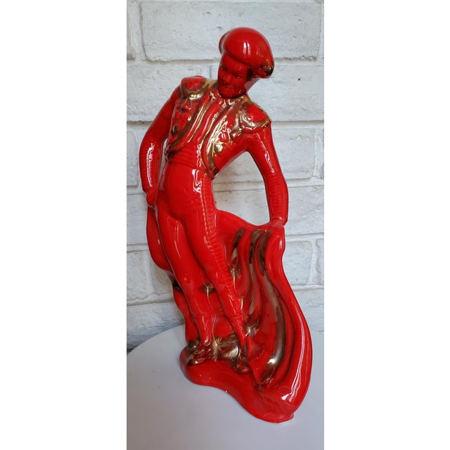Stunning 1950s Tall Red Glossy Ceramic Figurine Of A Matador The Bullfighter Gilded Beautifully In Full Apparel To The...