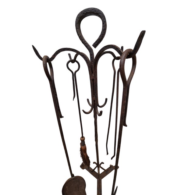 Metal Antique Fireplace Tools Set Arts Crafts Artist Made Hand Forged Wrought Iron For Sale - Image 7 of 16