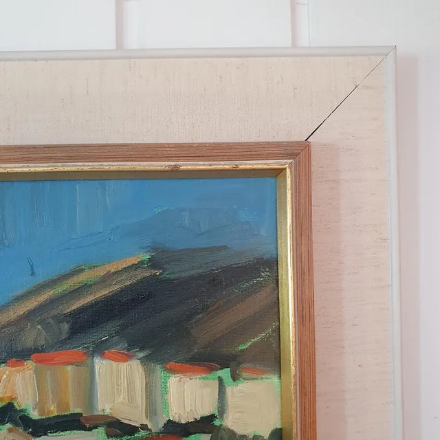 1960s Mid Century Modernist Hillside Village Oil Painting by y.b. Lorenz For Sale - Image 5 of 18