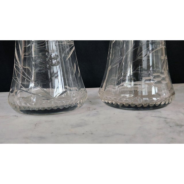 Antique English Sterling Silver & Cut Crystal Decanter Pair — 1899 Birmingham j.g & S Hallmarked, Etched Floral Pattern, Edwardian Bar Cart Accents For Sale - Image 10 of 16