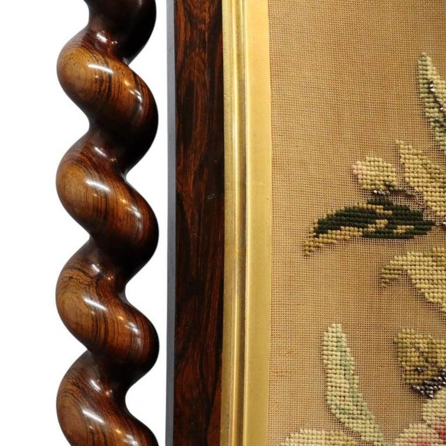Victorian Barley Twist Rosewood Bead Embroidered Peacock Fireplace Screen C1870 For Sale - Image 4 of 11