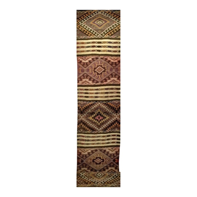 Vintage Moroccan Tribal Kilim Runner, Handwoven Wool, Geometric Medallion Pattern, 3x13 For Sale