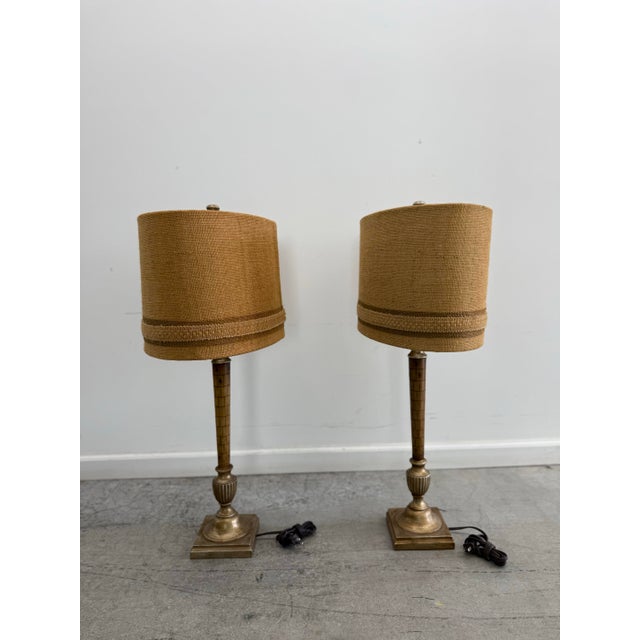 Mid-Century Modern Vintage Mid-Century Carved Wood & Brass Table Lamps - Pair With Original Shades For Sale - Image 3 of 10