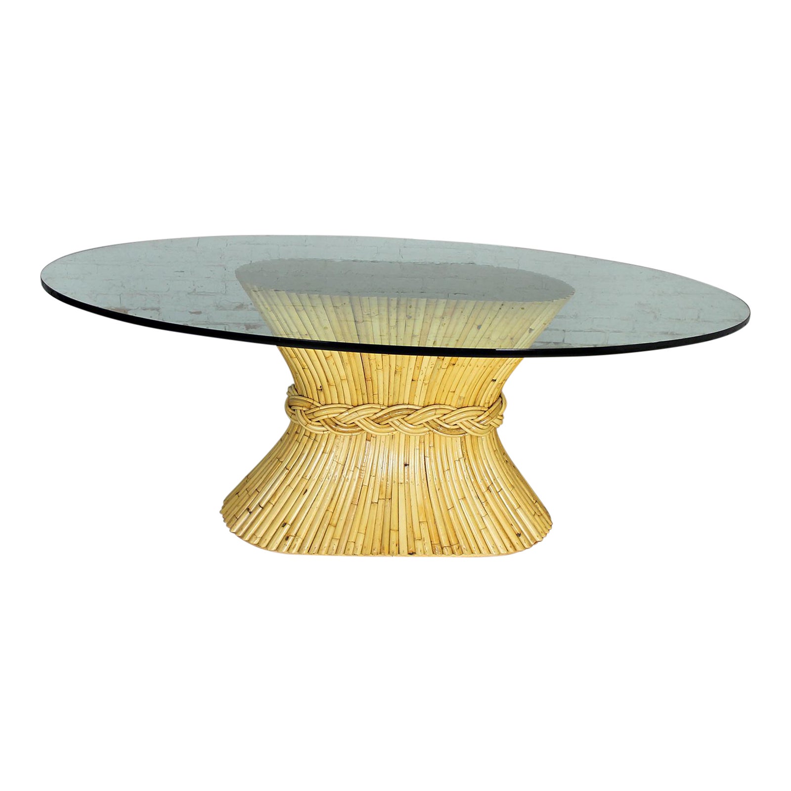 Vintage McGuire Oval SheafofWheat Style Glass Top Rattan Dining Table