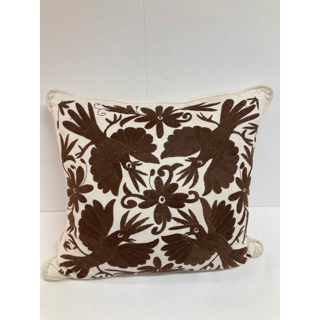 Boho Chic Crewel Work Embroidered Brown Bird Toss Pillow -1 For Sale - Image 3 of 10