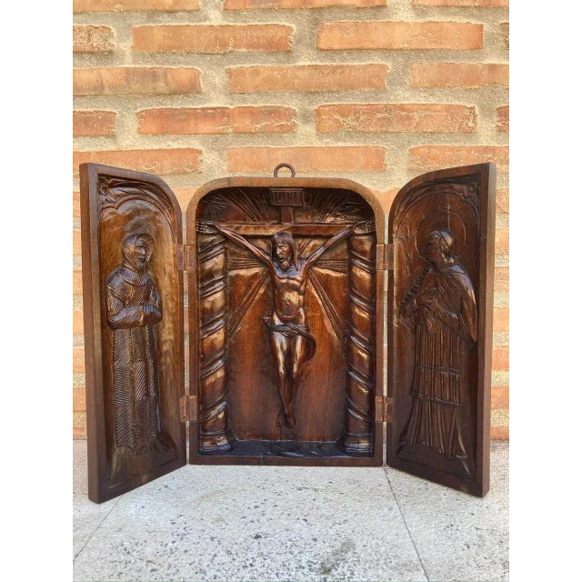 French Antique Hand Carved Walnut Wood Religious Triptych or Carved Wall Sculpture Panel, 1890s For Sale - Image 18 of 18