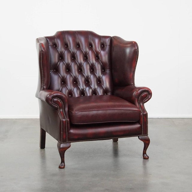 Classic Red Cowhide English Chesterfield Wing Chair with an Exceptionally Wide Seat For Sale - Image 15 of 15