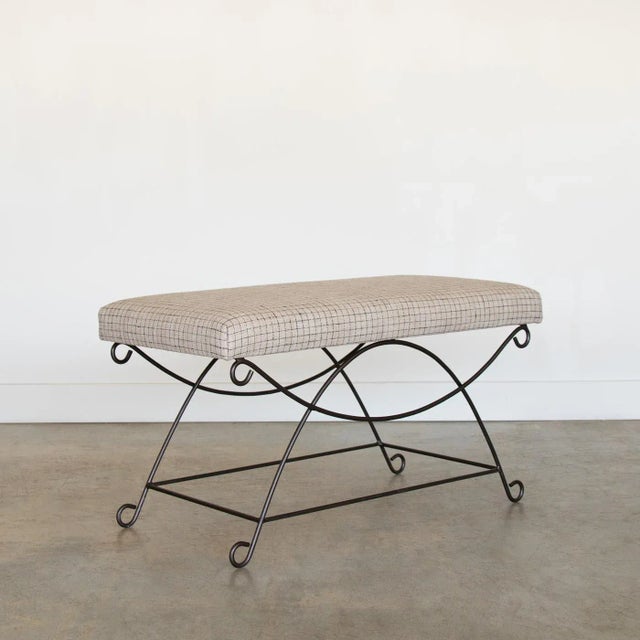 French Panoplie Iron Loop Bench, Linen Check For Sale - Image 3 of 10