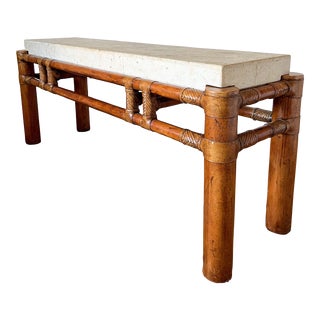 1970s Vintage Henredon Bamboo Console Table With Stone Top For Sale