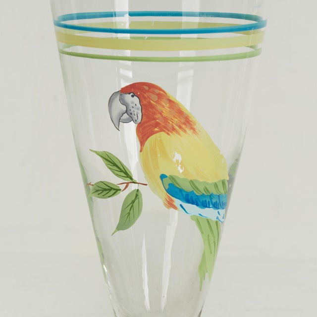 Green Vintage Set of Eight Footed Drinking Glasses With Painted Parrots For Sale - Image 8 of 11
