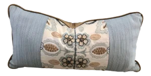 Embroidered Floral Linen With Aqua Blue Perennials & Velvet Fabric Lumbar Pillow Cover