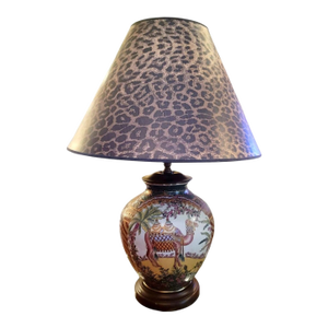Vintage Chinoiserie Colorful Ceramic Camel Ginger Jar Palm Beach Regency Leopard Shade Table Lamp