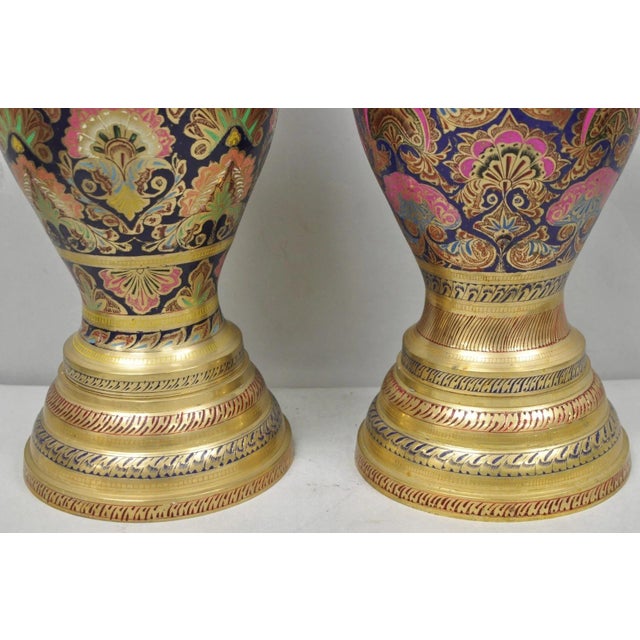 Metal Vintage Brass & Cloisonné Enamel Pink & Blue Jardiniere Urn Table Lamps - Pair For Sale - Image 7 of 14