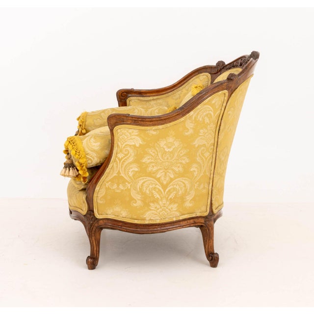 Yellow Louis XV Yellow Silk Damask Upholstered Walnut Bergere For Sale - Image 8 of 11
