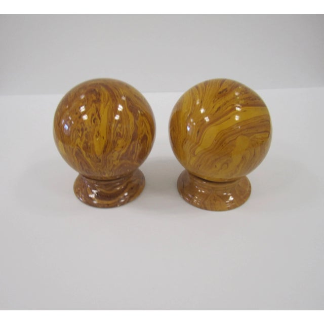 Italian Yellow Marbleized Pottery Ball Spheres on Pedestal Bases - a Pair For Sale - Image 10 of 11