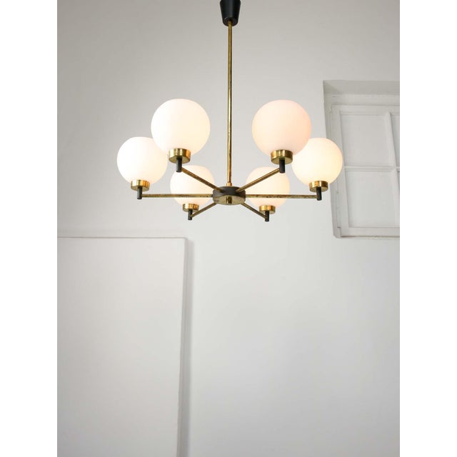 Mid-Century Modern Italian Brass and Opaline Chandelier For Sale - Image 12 of 16