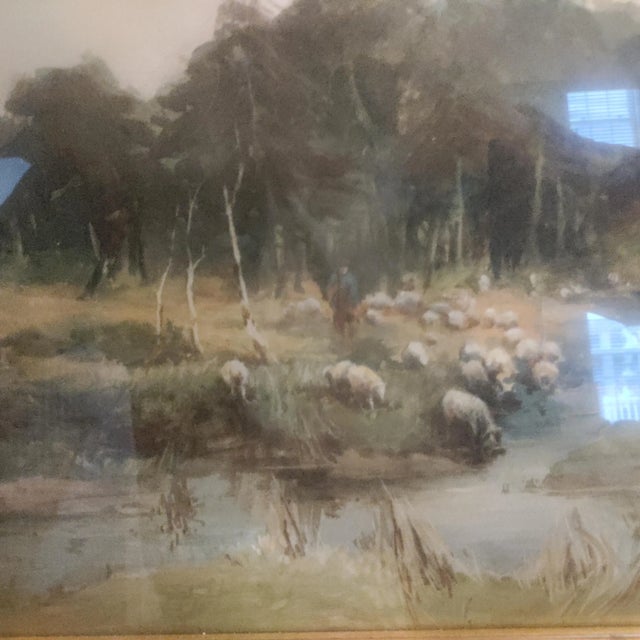 Barbizon W/C Pastoral Landscape Painting With Herd of Sheep in Pasture Signed LL.Framed For Sale - Image 4 of 7