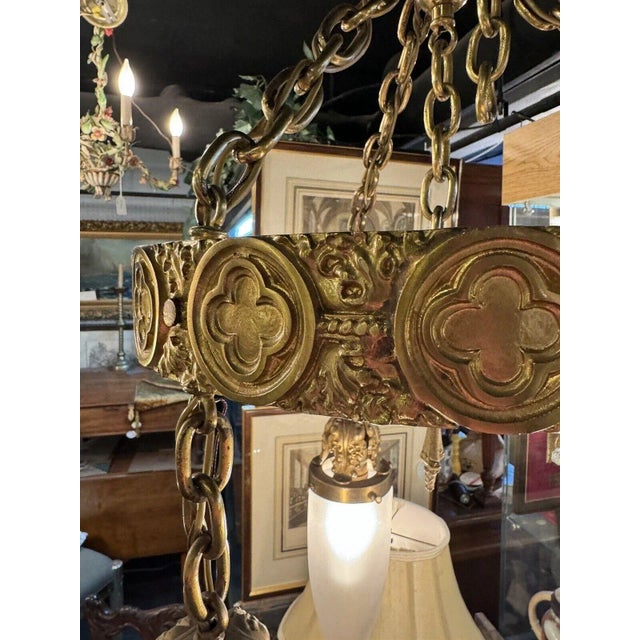 Antique Brass Three Light Tudor Revival Quatrefoil Pattern Chandelier For Sale - Image 9 of 12