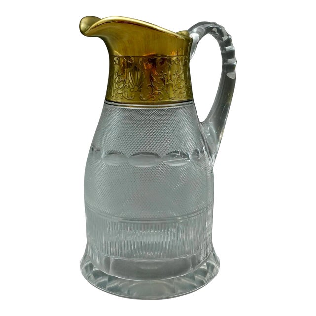 Mid 20th Century Moser Signed Czech Splendid Gold Trim Cut Crystal Water Pitcher Jug 64 Oz For Sale