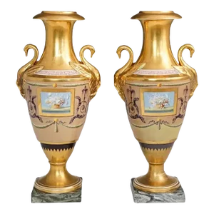 Antique Early 19th Century Paris Porcelain Neoclassical Vases with Swan Handles Signed Halley - A Pair