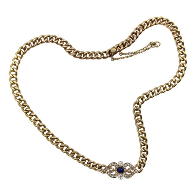 Late 19th Century Victorian 14k Gold Curb Link Diamond and Sapphire Necklace For Sale