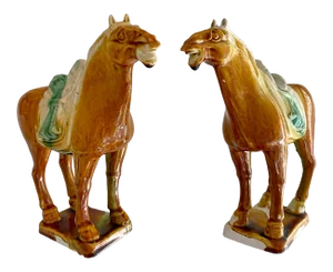 Mid 20th Century Chinese Tang Dynasty Style Glazed Ceramic Horse Figurines - a Pair