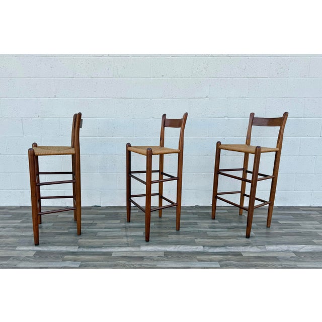 1980s 1970s Set of 6 Danish Modern Style Solid Wood Bar Stools With Woven Rush Seats For Sale - Image 5 of 12