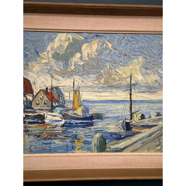 Mid-Century Modern Scandinavian School, Port with Moored Sailboats, 1950s, Oil on Panel, Framed For Sale - Image 3 of 14