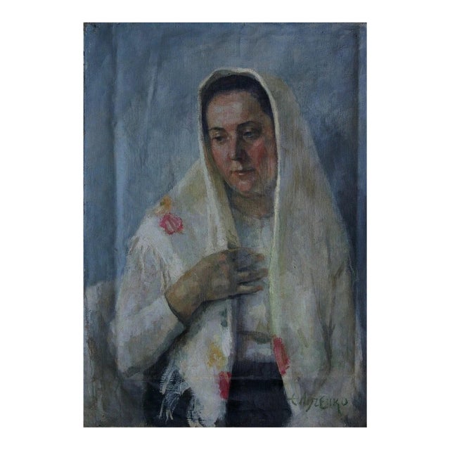 Antique Oil Painting: Young Girl Portrait, Ukrainian Art, 1970s 70-50 For Sale