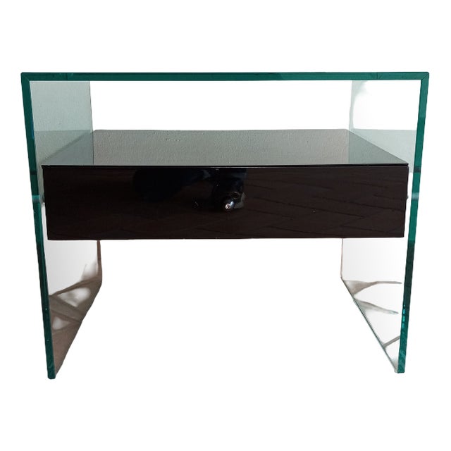 Secret Glass and Black Lacquered Wood Bedside Table, Italy, 1990s For Sale