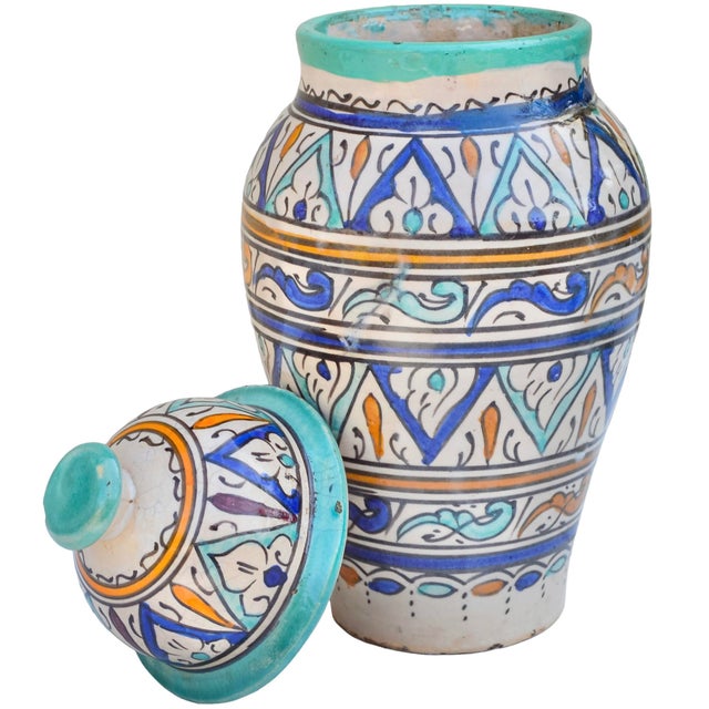 Turquoise Early 20th Century Handmade Colorful Moroccan Ceramic-Art Lidded Vase For Sale - Image 8 of 12