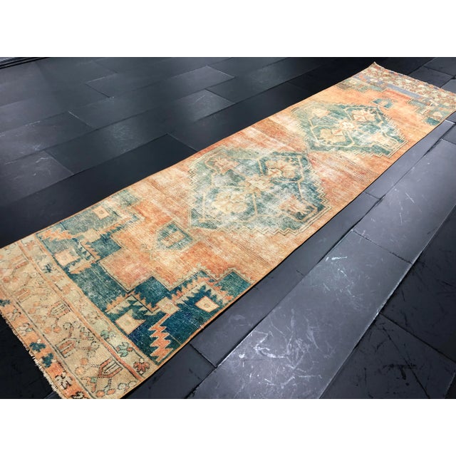 Turkish Oushak Peach and Teal Pastel Handmade Runner Rug - 2′9″ × 11′7″ For Sale In Phoenix - Image 6 of 11