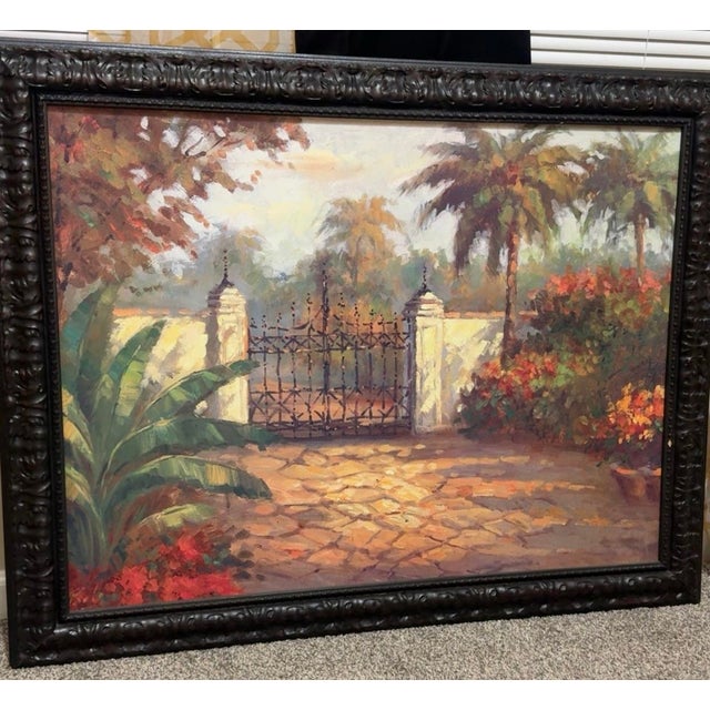 Mid 20th Century Framed Tropical Courtyard Oil Painting | Ornate Carved Wood Frame For Sale - Image 4 of 4