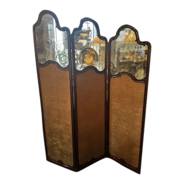 Antique Art Nouveau French Style Three Panel Dressing Screen With 3 Glass Panels For Sale