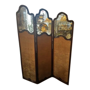 Antique Art Nouveau French Style Three Panel Dressing Screen With 3 Glass Panels