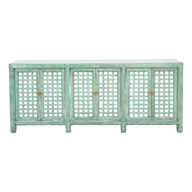 Long Oriental Jade Lattice Sideboard Cabinet For Sale