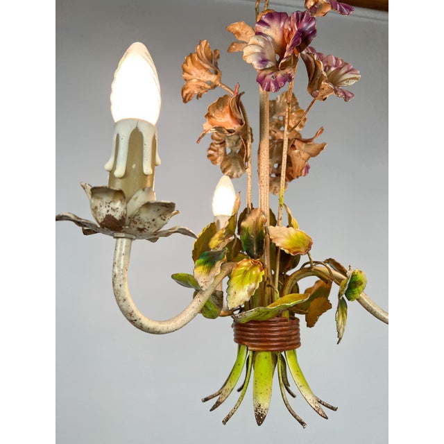 Vintage French Metal Flower Bouquet Three-Arm Chandelier, 1950s For Sale - Image 6 of 16