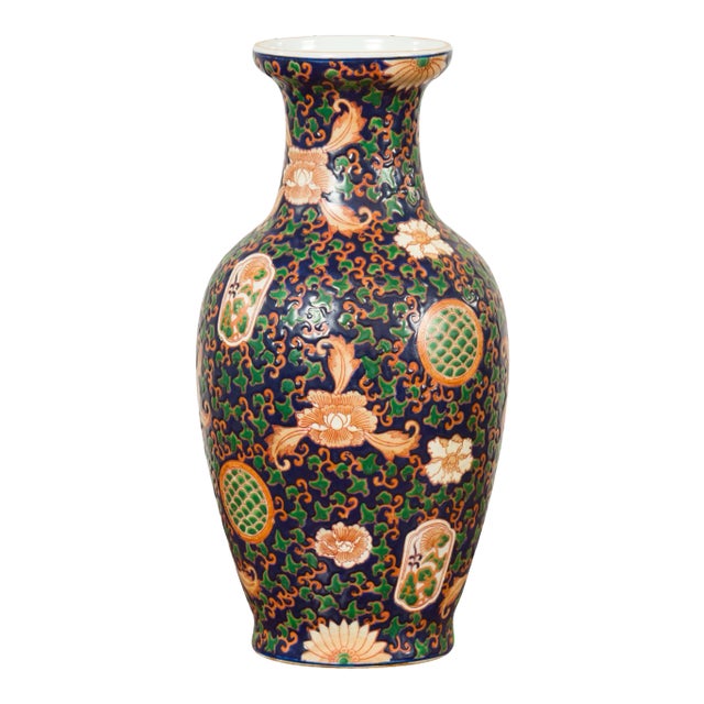 Chinese Contemporary Hand Painted Vase with Cobalt Blue Ground and Floral Decor For Sale