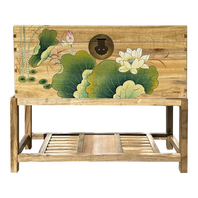 Chinese Lotus Green Leaf Tan Color Rectangular Wood Trunk on Stand For Sale