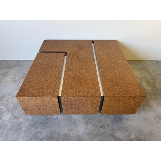 Brown 1980s Postmodern Laminated Tortoiseshell & Brushed Steel Plinth Base Coffee Table on Wheels For Sale - Image 8 of 12